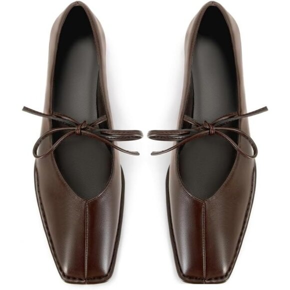 Women Chocolate Faux Leather Square Toe Lace Up Ballerina Ballet Slip On Flats - Picture 5 of 6